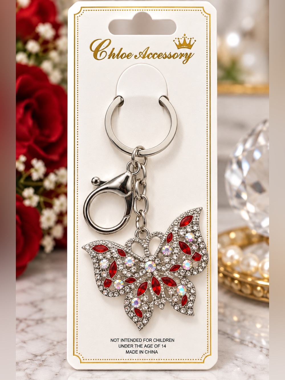 Chloe Accessory NWT Silver Red Rhinestone Butterfly Keychain Bag Charm